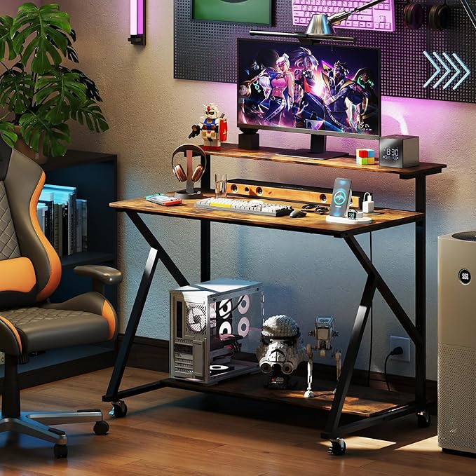 Tangkula 39.5" Mobile Computer Desk with Power Outlets, Rolling Laptop Workstation with Monitor Stand & Storage Shelf, Gaming Writing Desk with Lockable Wheels for Home Office Bedroom (Rustic Brown)