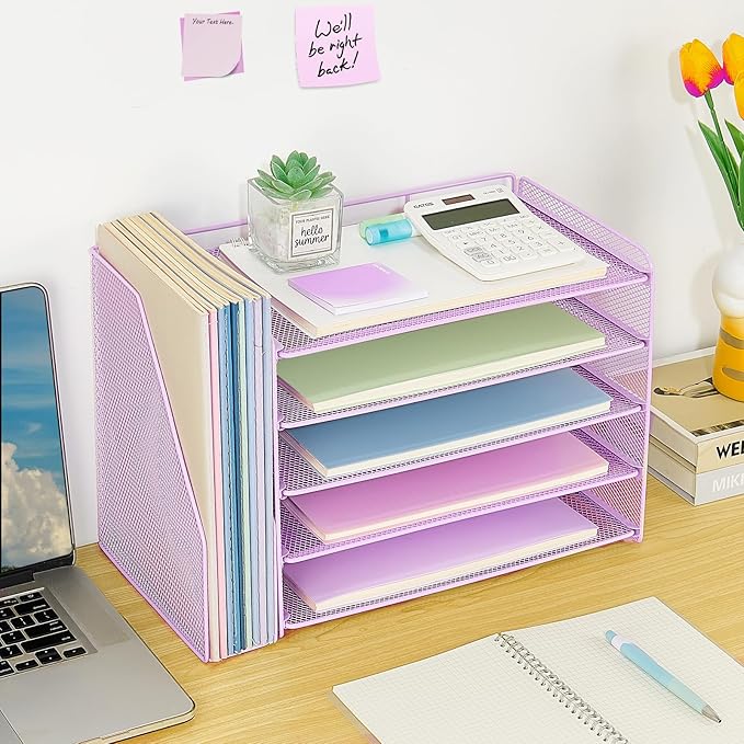 OPNICE Desk Organizer, 5-Tier Paper Organizer Letter Tray with Magazine Holder, Office Desk Accessories & Workspace Organizers, Desktop File Organizer for Office Supplies Storage, Purple