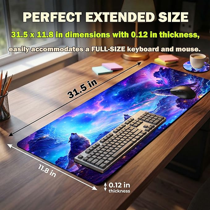 Extended Large Mouse Pad 31.5 x 11.8 Inches – AiLiTeck Premium Desk Mat Mousepad with Stitched Edges, Waterproof, Non-Slip Rubber Base for Office Home, Includes Coaster–Wolf Galaxy