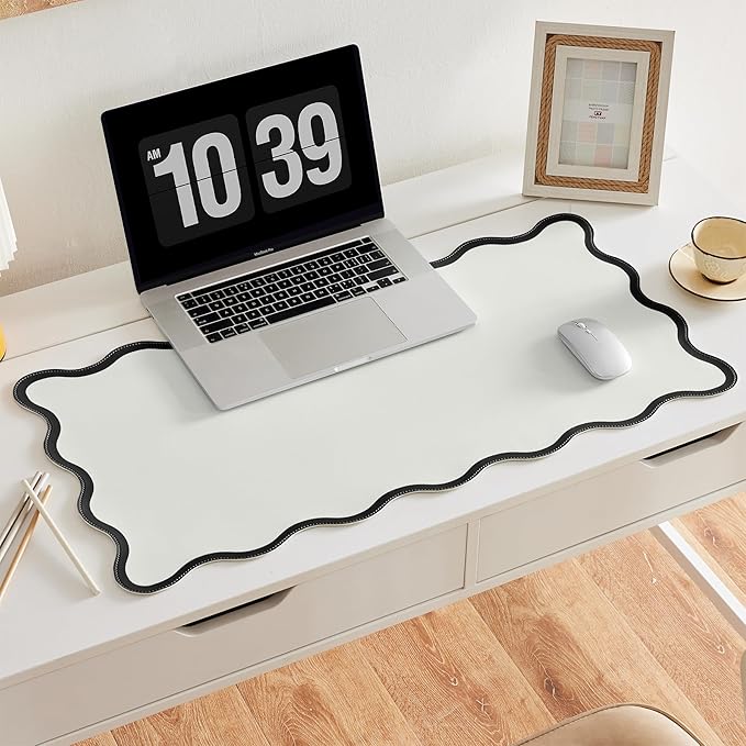 Scalloped Desk Mat, 31.5" x 15.7", PU Leather, Waterproof Anti-Slip, Cute Aesthetic Desk Pad for Office/Home/Game/Vanity (Black, Large)