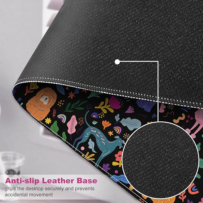 DINKY Desk Mat, Leather Keyboard and Mouse Pad for Desk, Black Office Desk Pad for Girls, Non-Slip Large Gaming Mouse Pads Desk Cover Decor 35.4"x15.7", Cute Dogs