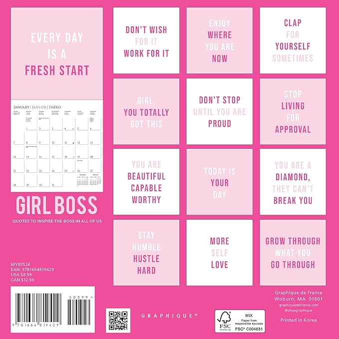 Graphique 2024 Girl Boss Mini Wall Calendar | 7” x 7” | Thick Paper | Home & Office Organizer | Large Monthly Grid | 3 Languages & Marked Holidays | 4 Month Preview Page for 2025