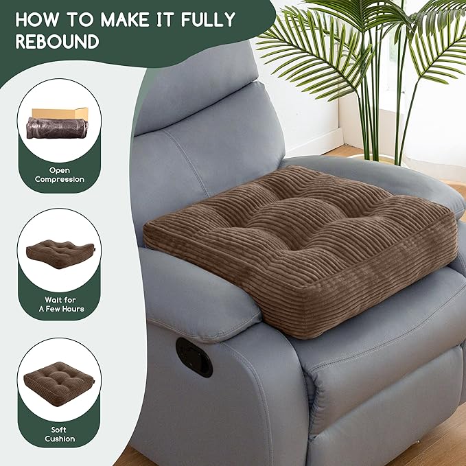 HIGOGOGO Tufted Corduroy Recliner Seat Cushion for Elderly, 20x20x5 Inch Large Square Seat Cushion for Recliner Chair, Floor Pillow, Office Chair, Car, No Pressure on Thighs, Brown
