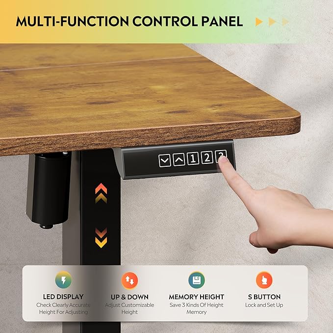DEVAISE 55 Inch Electric Standing Desk, Adjustable Computer Desk for Home Office, Ergonomic Sit to Stand Desk with LED Touchscreen，Headphone Hook, 3 Memory Preset, with Split Top, Rustic Brown