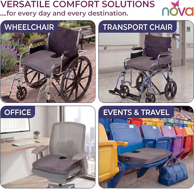 NOVA Medical Products Comfort Seat Cushion, Memory Foam Coccyx Cushion for Office Chair, Car, Wheelchairs & Benches, Waterproof Non-Slip Bottom, Super Soft Velour Removable & Washable Cover, Color: Charcoal Blue (2655C)
