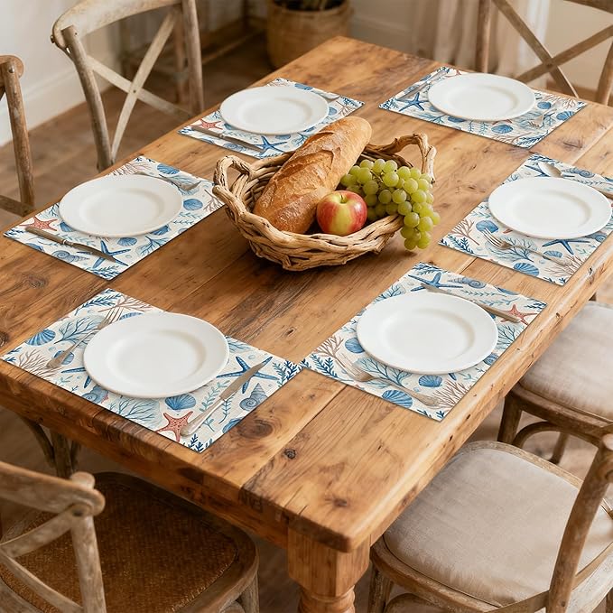 Watercolor Shell Starfish Table Placemats Set of 6, Linen Placemats 12x18 Inch, Washable Non Slip Heat Resistant Mats for Dining Table Kitchen Indoor Use