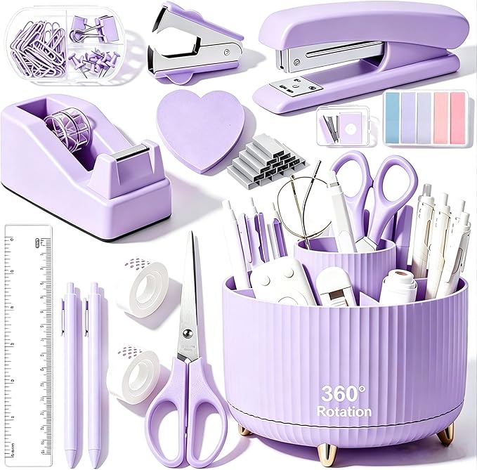 Office Supplies Set Rotating Pen Holder for Desk with Stapler Staple Remover Tape Dispenser 2pcs Tape Refills Binder Paper Clips Kit Scissor Pen Ruler & Sticky Tabs Pink Office School Supplies(Purple)