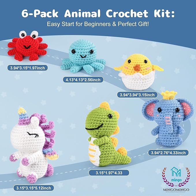MINGOMINGO Crochet Kit for Beginners Kids - 6 Animal Amigurumi, Mother's Day Birthday Craft Gift Set, Step-by-Step Video Tutorials, 40%+ Yarn, Knitting Starter Kit for Girls Women Adults