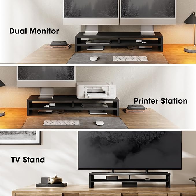Fenge Monitor Stand, 31.5 Inch Computer Monitor Riser for Desk, 2 Tiers Wood Desk Shelf with Storage, Desktop Organizer for PC, Laptop, Screen, Printer