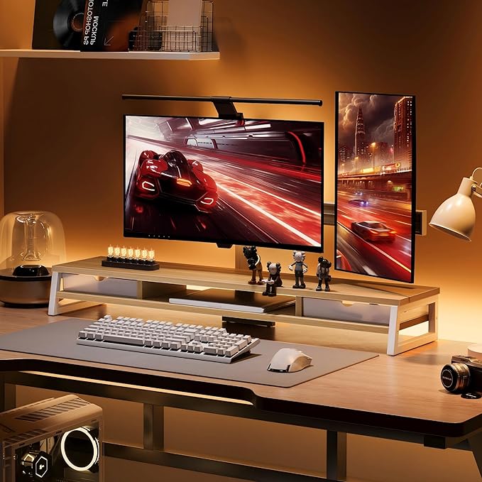Fenge Dual Monitor Stand, Monitor Riser with Drawer, 42.5 Inch Large Computer Monitor Stand for 2 Monitors, 2 Tier Wooden Desk Shelf for Top of Desk