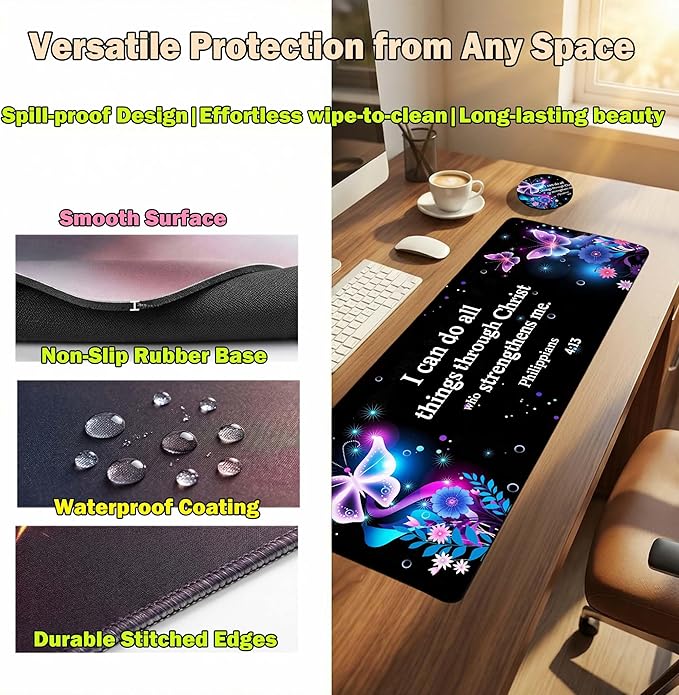 Extended Large Mouse Pad 31.5 x 11.8 Inches – AiLiTeck Premium Desk Mat Mousepad with Stitched Edges, Waterproof, Non-Slip Rubber Base for Office Home, Includes Coaster–Bible Verse Butterflies