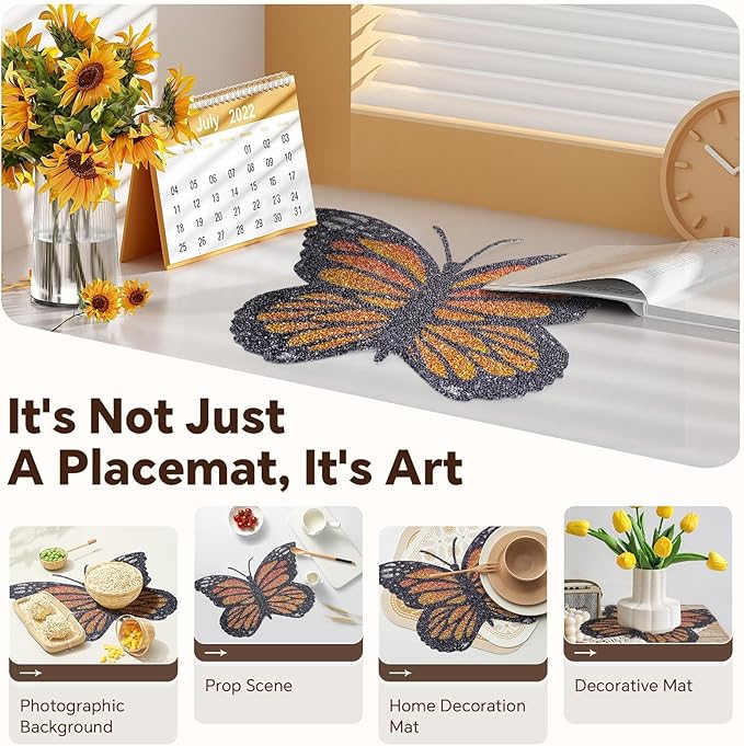 Yellow Butterfly Placemat,Colorful Rhinestones Glitter Butterfly Home Kitchen Coffee Bar Table Decoration Place Mat, Gifts for Friends Women Mom