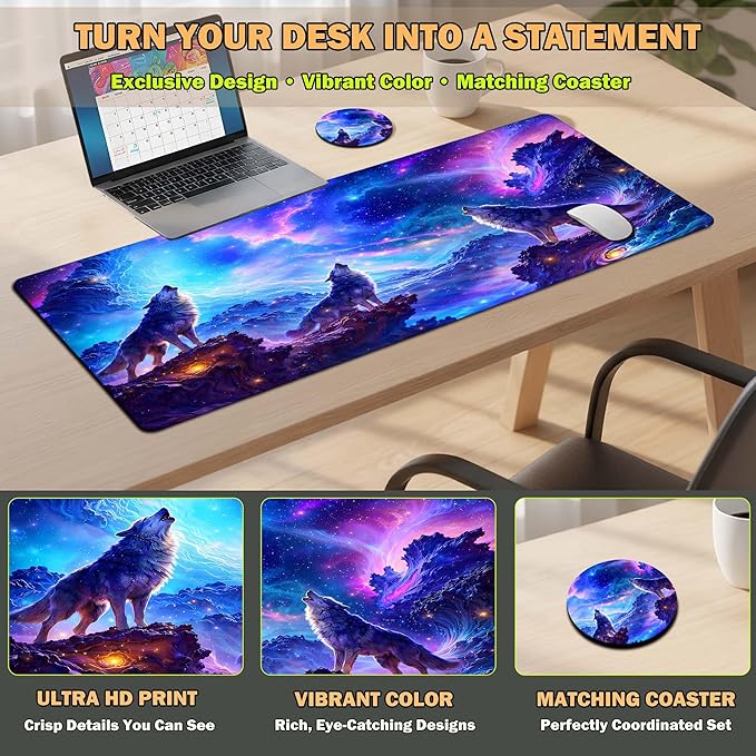 Extended Large Mouse Pad 31.5 x 11.8 Inches – AiLiTeck Premium Desk Mat Mousepad with Stitched Edges, Waterproof, Non-Slip Rubber Base for Office Home, Includes Coaster–Wolf Galaxy