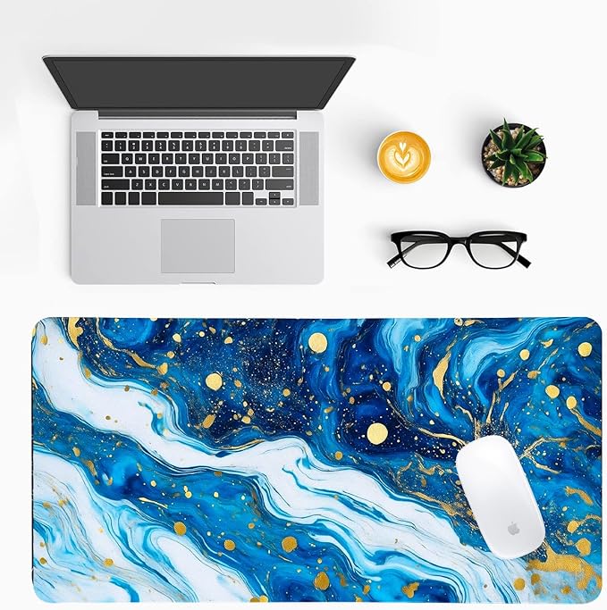 Modern Blue Marble Desk Mat, Luxurious PU Leather Desk Pad - Large Non-Slip Office Mat for a Stylish Gaming & Home Workspace, Aesthetic Desk Decor （27.56 * 13.78in）