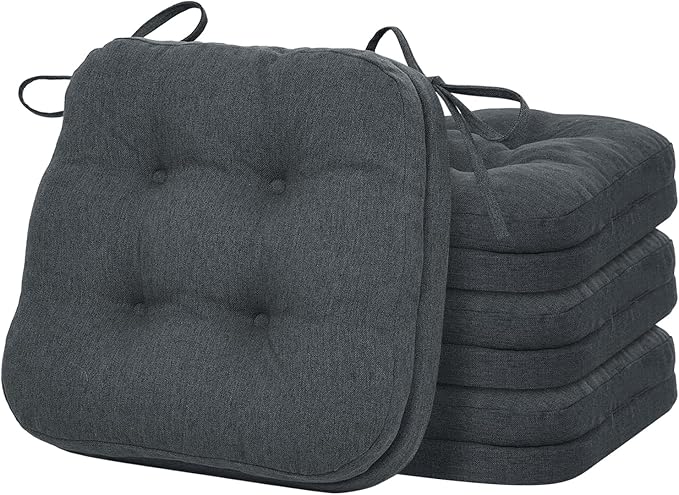 baibu Set of 4 Dining Chair Cushions, Dual-Layer Patent Design Memory Foam Kitchen Chair Cushions, Non-Slip Seat Pads with Ties, 16.5 x 16.5 x 3.5in, 4 Pack, Dark Grey