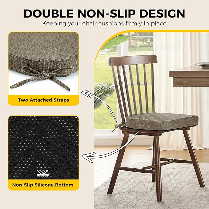 downluxe Indoor Chair Cushions for Dining Chairs, Soft and Comfortable Textured Foam Kitchen Chair Pads with Ties and Non-Slip Backing, 16" x 16" x 2", Khaki, 2 Pack