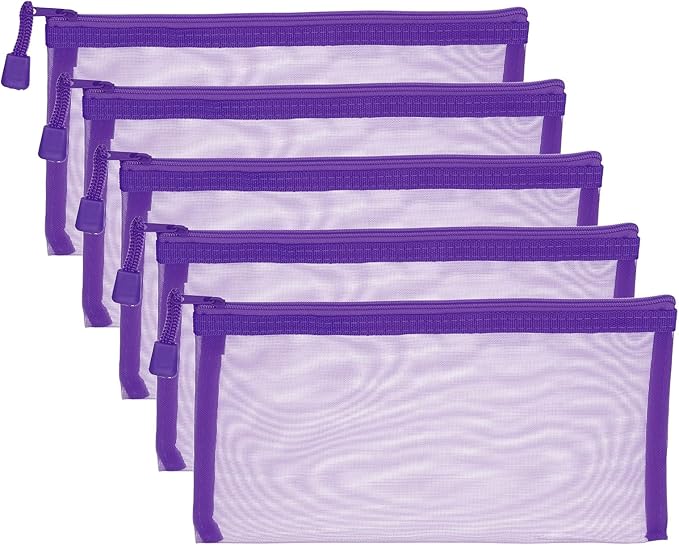 PATIKIL B6 Mesh Zipper Pouch Bags, 5 PCS Mesh Bags with Zipper Plastic Storage Pocket for Organizing File Beads Office Home Supplies, 11.5x23cm, Purple