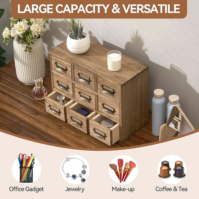 KIRIGEN Wooden Desk Storage Cabinet with 9 Mini Drawers, Solid Wood Desktop Organizer with Metal Label Handles for Office Supplies, Crafts, Tea Bags, Makeup, Brown 9CG-DBR