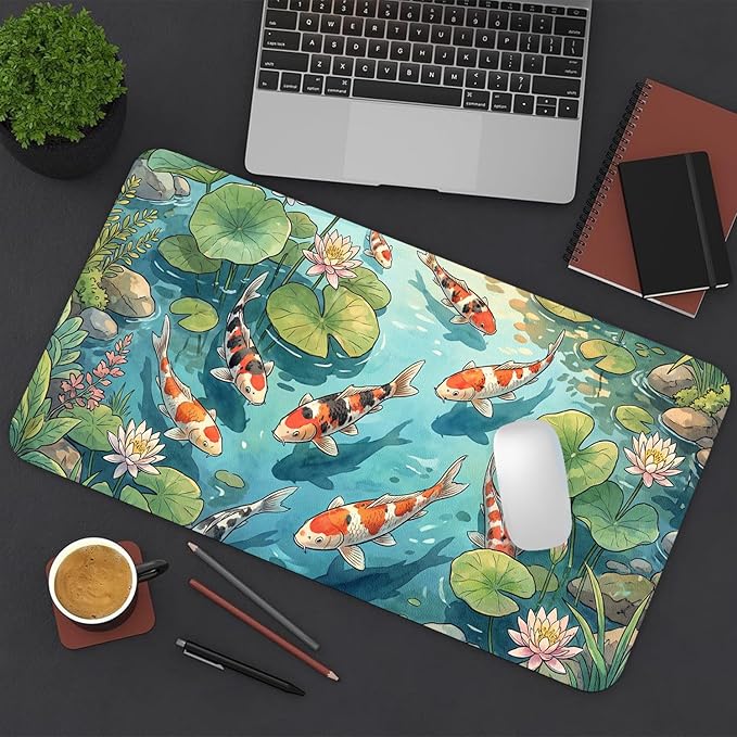 Cute Desk Mat, Koi Fish Large Mouse Pad for Desktop, PU Leather Waterproof Desk Pad, Anti-Slip Computer PC Laptop Protector Gaming Mouse Pads for Office Home Decorations (23.6" x 11.8")