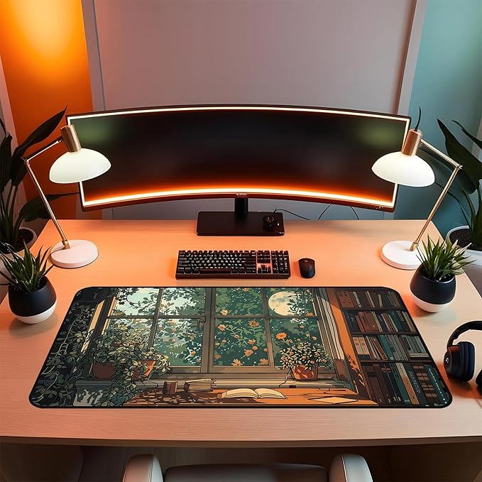Green Plant Flower Desk Mat, Window Side Moonlight Library Book Mouse Pad, Extended Game Deskpad, XXL Keyboard Mousepad, for Work Game Office Home Retro Forest Desktop Decor 31.5"X15.7"