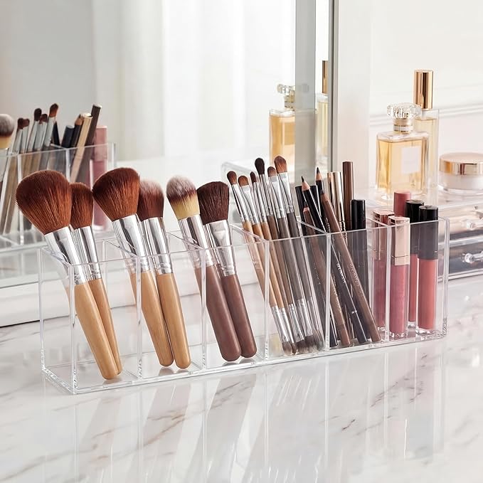 Jetec Acrylic Pen Holder 6 Compartments Makeup Brush Stationery Organizer Pencil Holder for Desk Accessories, Cosmetic Brushes, Dorm, Home, Bathroom, Kitchen, Office Supplies(Clear)