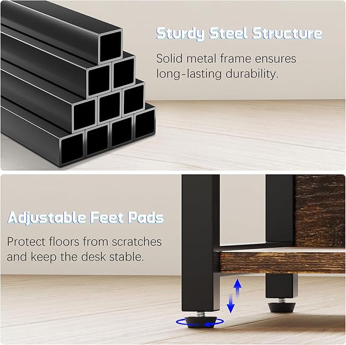 L Shaped Gaming Desk with Power Outlets & RGB Lights, 46'' L- Shaped Desk Computer Corner Desk with Monitor Stand & Storage Shelf & Hook, Home Office Desk Writing Desk, Brown