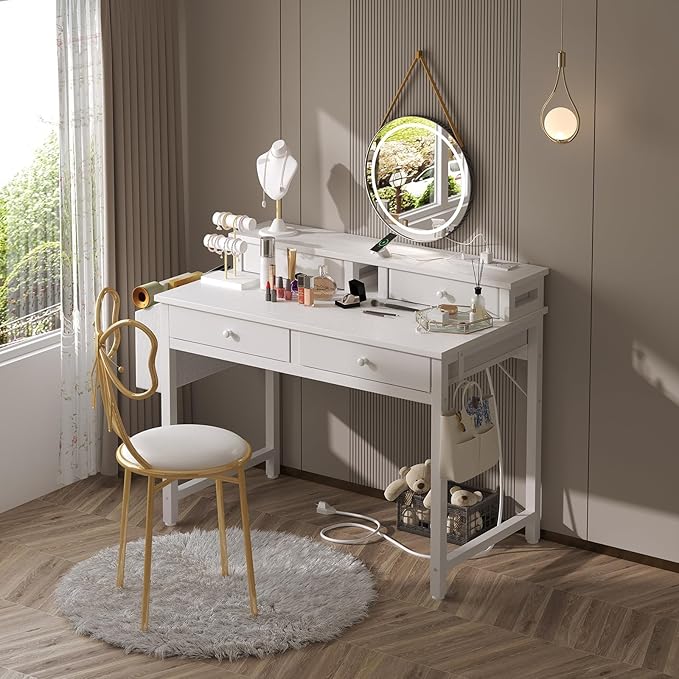 Lufeiya Small White Kids Desk with Fabric Drawers for Bedroom, 32 inch Vanity Makeup Desk with Drawers Storage for Home Office, Writing Study Table with Power Outlet & Monitor Stand, White