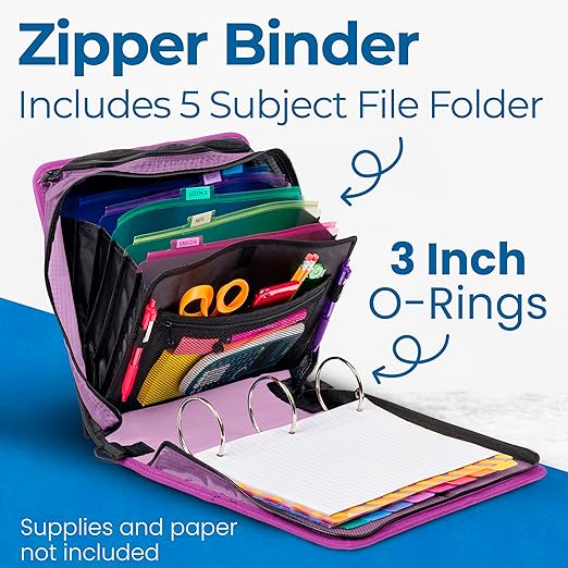 Case-it Mighty Zip Tab School Zipper Binder | 3-Inch O-Rings, 600-Sheet Capacity, 5-Subject Expanding File Folder, Multiple Pockets & Storage Organizer, Shoulder Strap | D-146 Summer Plaid