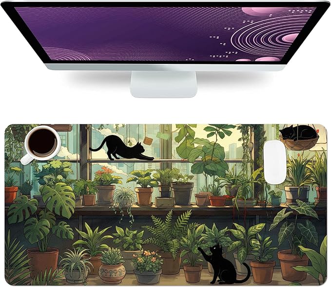Cute Desk Mat, Green Plants Cat Large Mouse Pad for Desktop, PU Leather Waterproof Desk Pad, Anti-Slip Computer PC Laptop Protector Gaming Mouse Pads for Office Home Decorations (23.6" x 11.8")