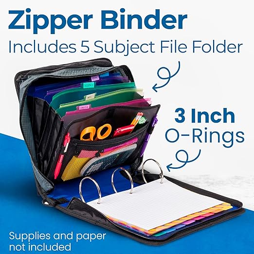 Case-it Mighty Zip Tab School Zipper Binder | 3-Inch O-Rings, 600-Sheet Capacity, 5-Subject Expanding File Folder, Multiple Pockets & Storage Organizer, Shoulder Strap | D-146 Blue