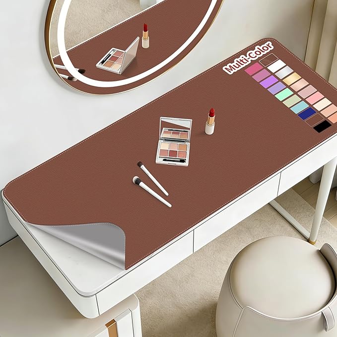 Makeup Mat for Vanity to Protect Desk Top 23.6 x 11.8 in, Dual-Sided Makeup Mat, Easy to Clean Desk Pad - Waterproof and Oilproof Vanity Accessories (Brown and Grey)