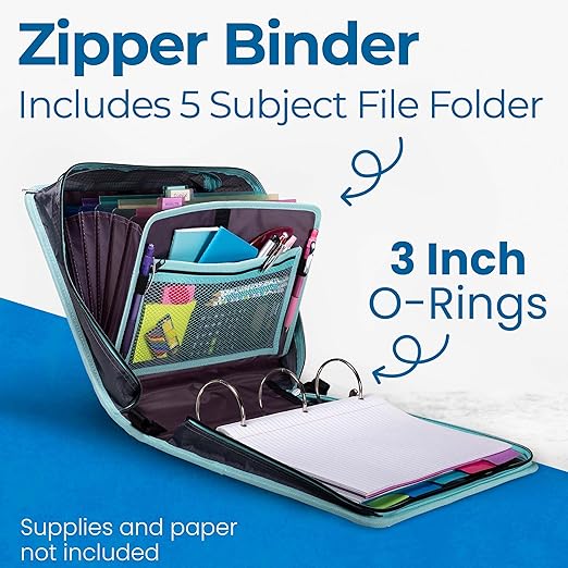 Case-it Mighty Zip Tab School Zipper Binder | 3-Inch O-Rings, 600-Sheet Capacity, 5-Subject Expanding File Folder, Multiple Pockets & Storage Organizer, Shoulder Strap | D-146 Light Blue Daisy
