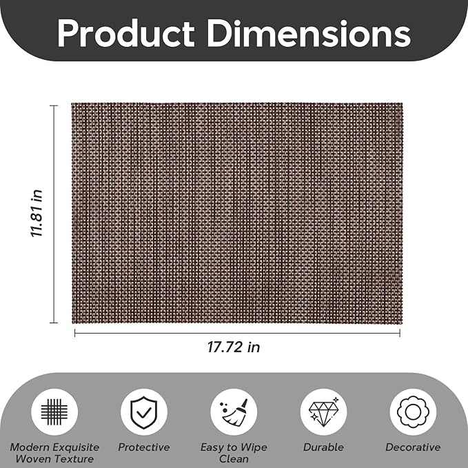 Placemats Set of 4, Heat Resistant Place Mats, Washable PVC Table Mats, Woven Vinyl Plastic Placemats for Dining Table, Non-Slip Stain Resistant Kitchen Table Placemats Easy to Clean?Dark Brown?
