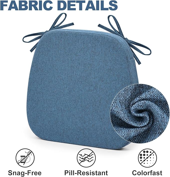 Shinnwa Chair Pads for Dining Chairs Set of 6, Non-Slip Kitchen Chair Cushions with Detachable Straps and Machine Washable Cover, 6 Pack, 17x16x2in, Blue