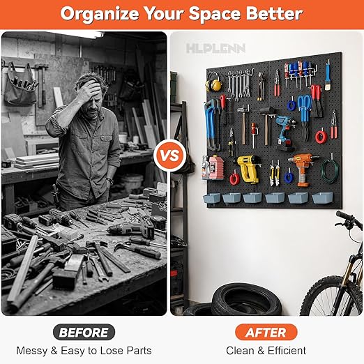 Metal Peg Board 6Pcs, 48"x36" Pegboard Wall Organizer with 140Pcs 1/4" Pegboard Hooks & Accessories, Steel Pegboard Tool Storage System for Garage Workshop Shed, Black