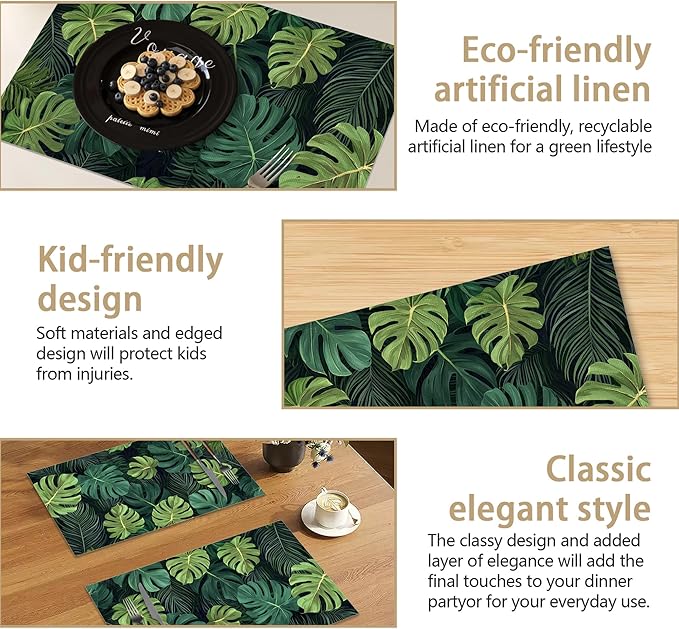 Linen Placemats Set of 6, Tropical Leaves Washable Table Mats 12x18 Inch, Heat Resistant Non Slip Placemats for Dining Table Kitchen Everyday Use