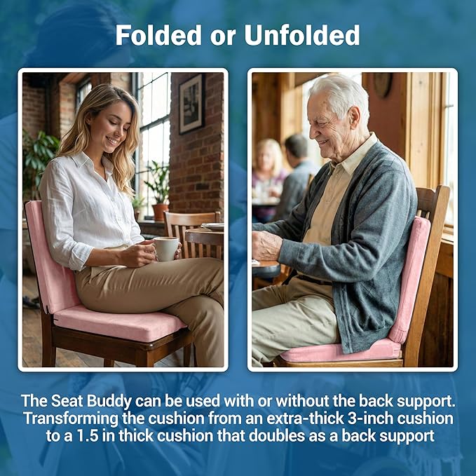 Skil-Care Seat Buddy Portable Seat Cushion, Foldable Chair Cushions with Non-Slip Bottom for Office Chair, Recliner Chair, Stadium Seats, Wheelchair, Travel, 16"x16", Pink Cozy Cloth, 914353