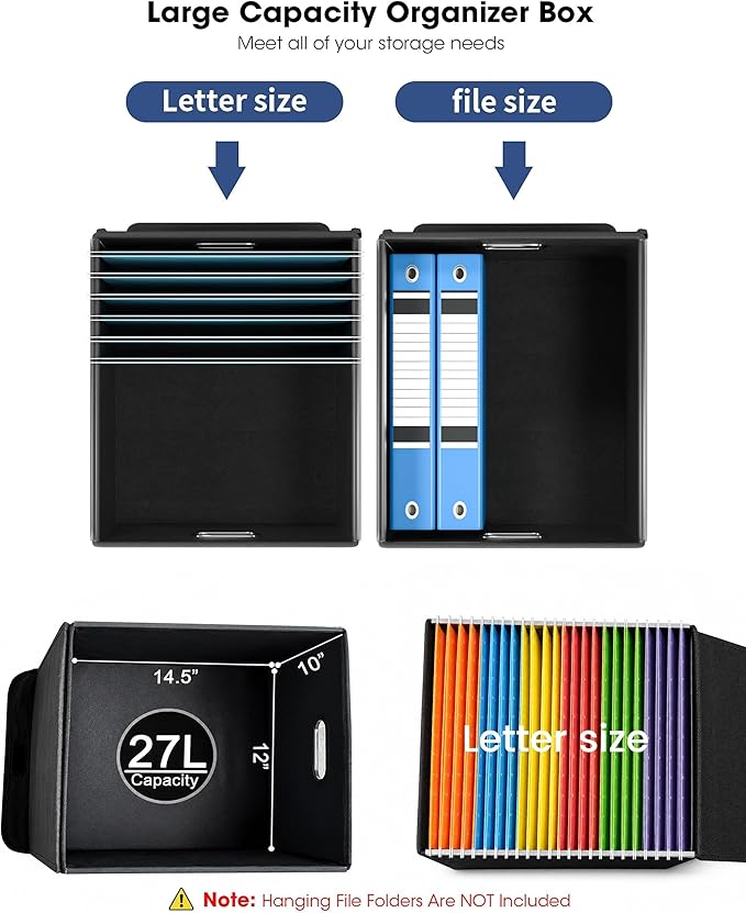Qerlei File Organizer Boxes with Lids,Collapsible File Folder Organizer with Plastic Slide,Collapsible Filing & Storage Boxes for Office/Decor/Home (Black, 1 Pack)