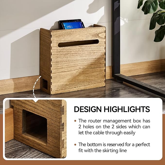 KIRIGEN WiFi Router Storage Box, Wooden Cable Management Box with 3-Tier Shelf, Modem and Power Strip Organizer for Desk, TV Stand, Home Office, Living Room, Brown LYQ-DBR