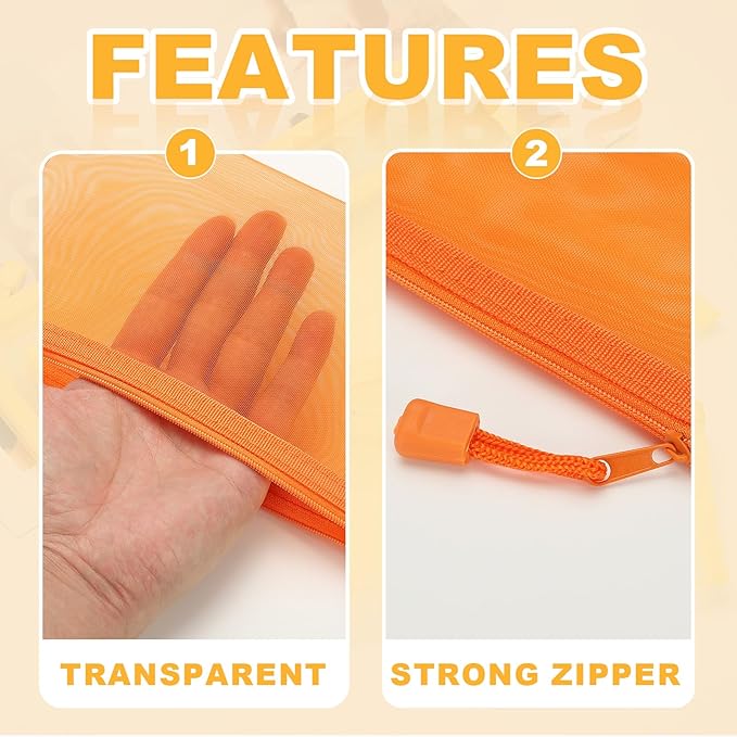 PATIKIL B6 Mesh Zipper Pouch Bags, 5 PCS Mesh Bags with Zipper Plastic Storage Pocket for Organizing File Beads Office Home Supplies, 11.5x23cm, Orange