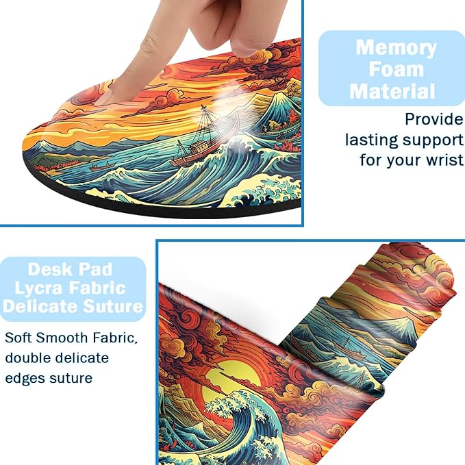 Ergonomic Mouse Pad Set with Wrist Support for Keyboard and Wrist Rest for Mouse, Memory Foam Comfort, Non-Slip Large Desk Mat for Home Office Pain Relief,Retro Japanese Waves