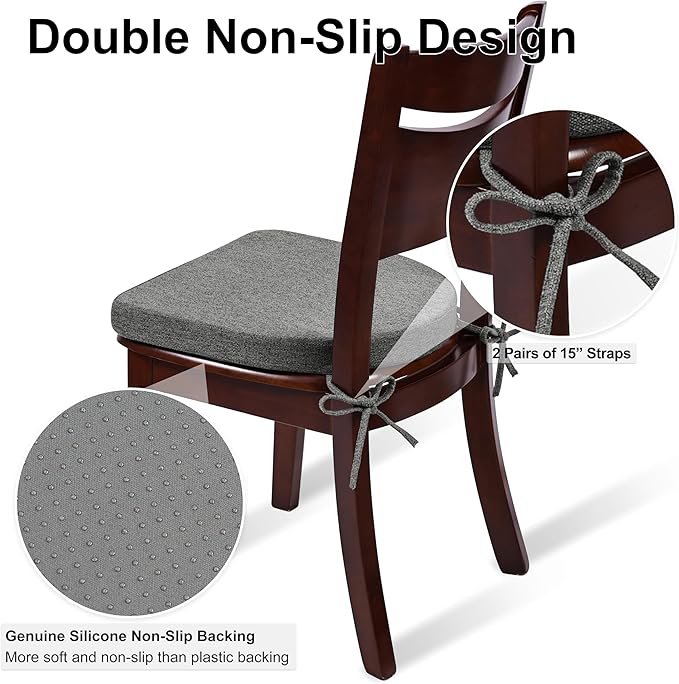 Shinnwa Kitchen Chair Cushions Set of 2, Non-Slip Dining Chair Cushions with Ties and Machine Washable Cover, 2 Pack, 17 x 16.5 x 2in, Dark Grey