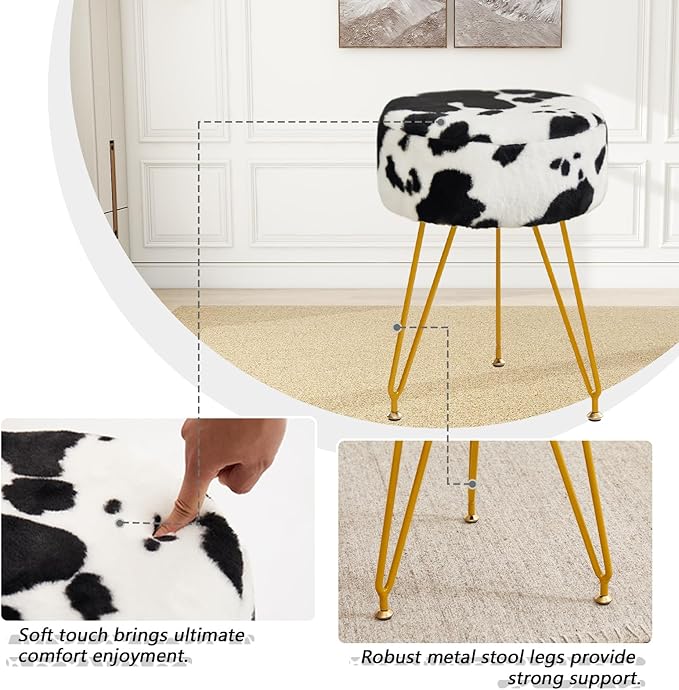Velvet Vanity Stool, Modern Ottoman Foot Rest Stool with Adjustable Golden Legs, Makeup Chair for Vanity, Multifunctional Makeup Stool for Vanity, Small Vanity Chair for Bedroom, Cow