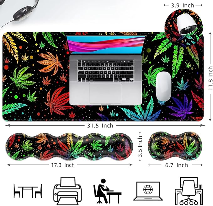 Ergonomic Mouse Pad Set with Wrist Support for Keyboard and Wrist Rest for Mouse, Memory Foam Comfort, Non-Slip Large Desk Mat for Home Office Pain Relief,Psychedelic Weed Leaf