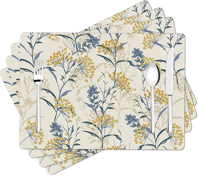 Spring Floral Washable Table Placemats - Summer Flower Faux Leather Heat Resistant Waterproof Wipeable Reusable Place Mat for Runners Kitchen Dining Tablemat Set of 4