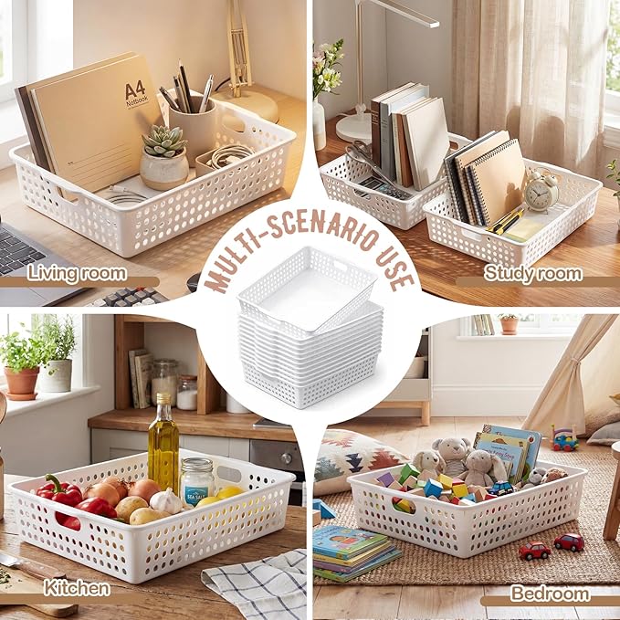 Geetery 12 Pack Classroom Storage Baskets with Handle 14''x10'' Paper Tray Holds A4 Turn in Trays Plastic Paper Baskets Desk Organizer Bin for Classroom, Library, Office, Home (White)