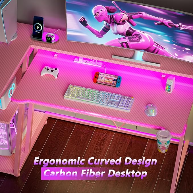 Korfile 40 Inch Pink Gaming Desk with Power Outlet & LED Lights, Corner Computer Desk with 3 Tiers Storage Shelves, L Shaped Gaming Desk with Monitor Stand for Bedroom