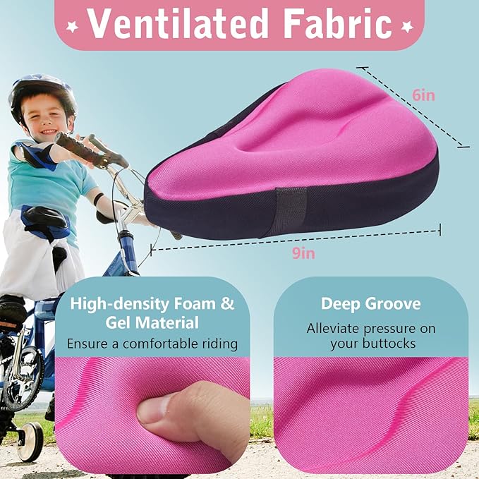 Zacro Gel Kids Bike Seat Cushion Cover for Boys & Girls, Anti-Slip Bike Seat Cover for Toddler, Breathable & Extra Soft Memory Foam Child Bicycle Saddle Padded with Reflective Strip, 9"x6"