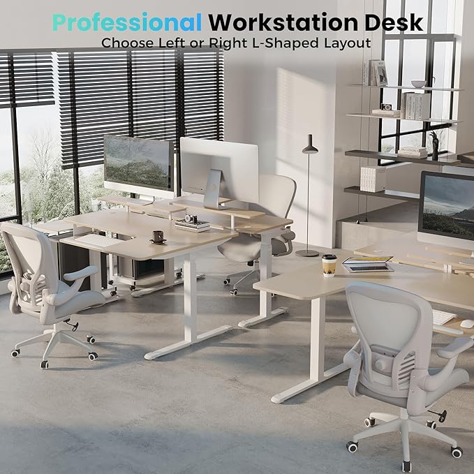 EUREKA ERGONOMIC 55 Inch L Shaped Electric Standing Desk, Height Adjustable Computer Gaming Desk with Keyboard Tray, Mouse Pad,Home Office Work,Maple Wood, Right Side