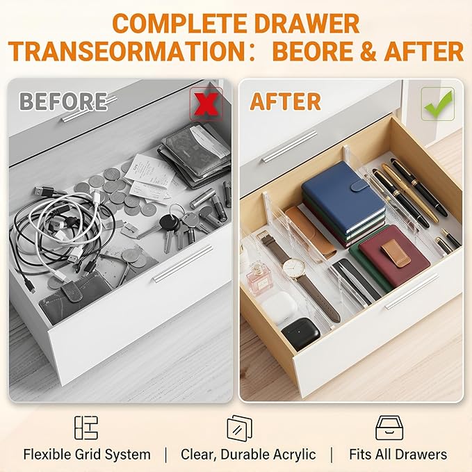 5 Pack 5.9 Inch Tall Clear Drawer Dividers, Adjustable Drawer Dividers for Clothes, 12.2"–20" Expandable Plastic Drawer Organizer Dividers for Home Closet, Kitchenware, Nursery Storage